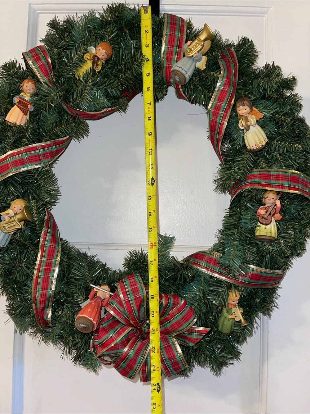 Festive Green Christmas 24 Inch Wreath with Red Plaid Ribbon and Angel Ornaments